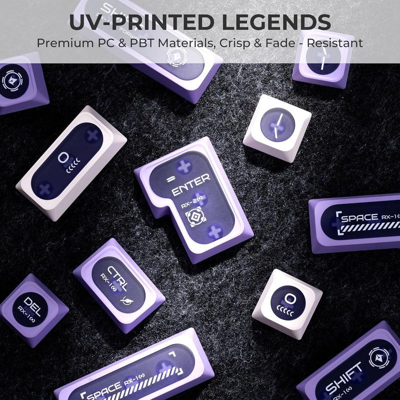 OHY XVX White and Purple Shine Through Keycaps for Mechanical Keyboards - 136 Keys White Translucent Cat Eye Design,Cherry MAX Profile, PC+PBT Frosted RGB Keycaps - Image 3